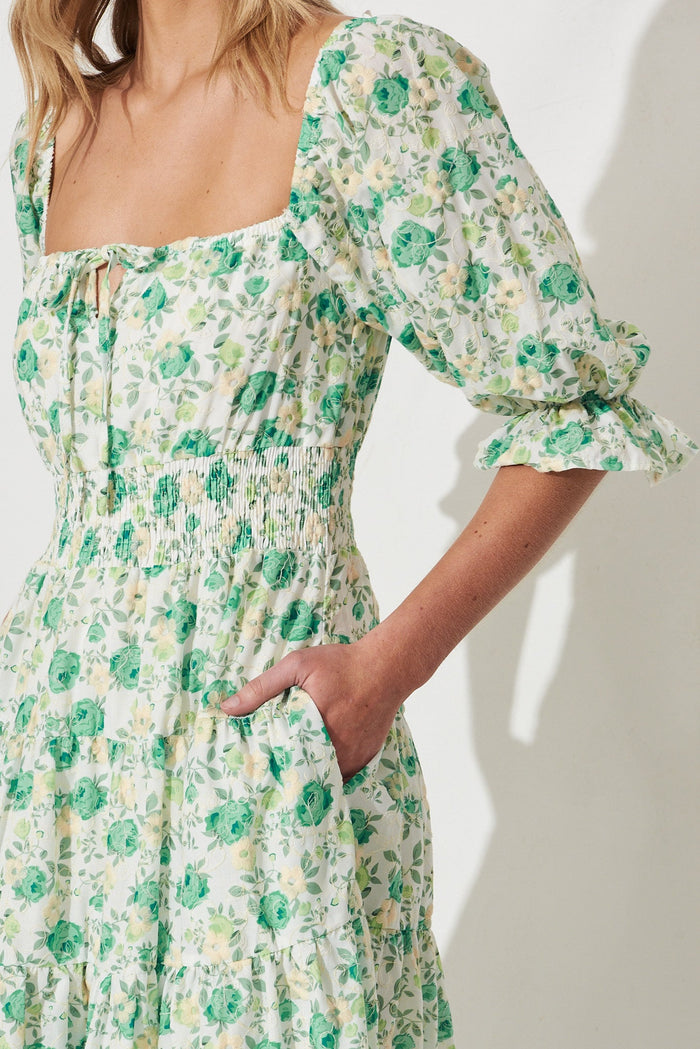 Ganni Midi Dress In White With Green Floral - detail