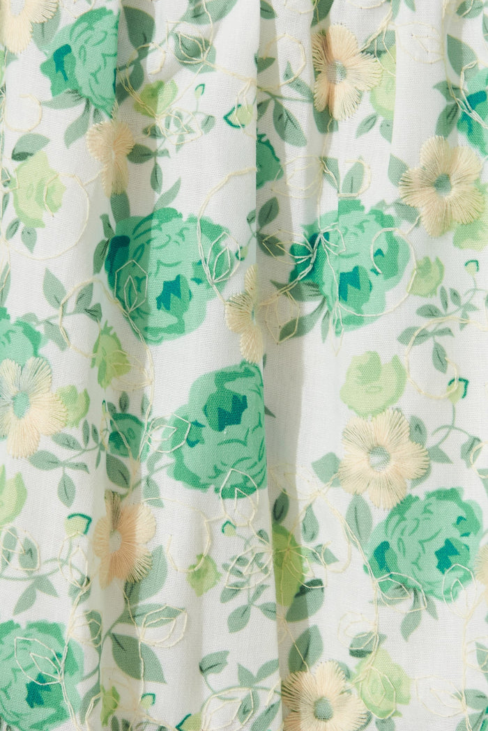 Ganni Midi Dress In White With Green Floral - fabric