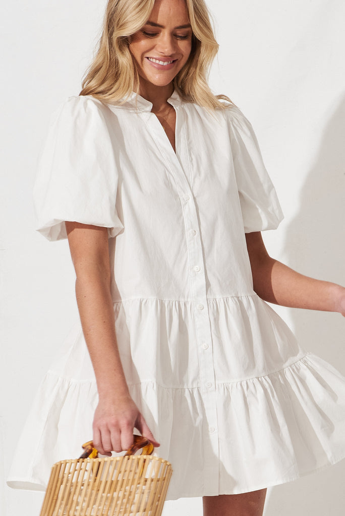 Festine Smock Dress In White Cotton - front