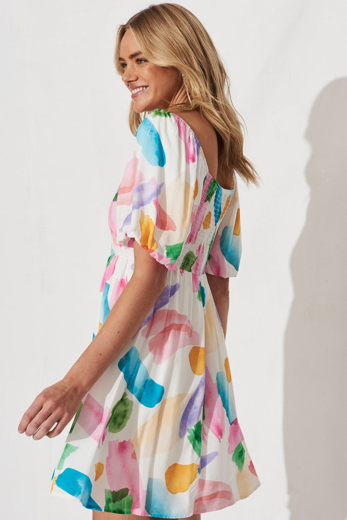 Anitya Dress In White With Multi Watercolour Print - side