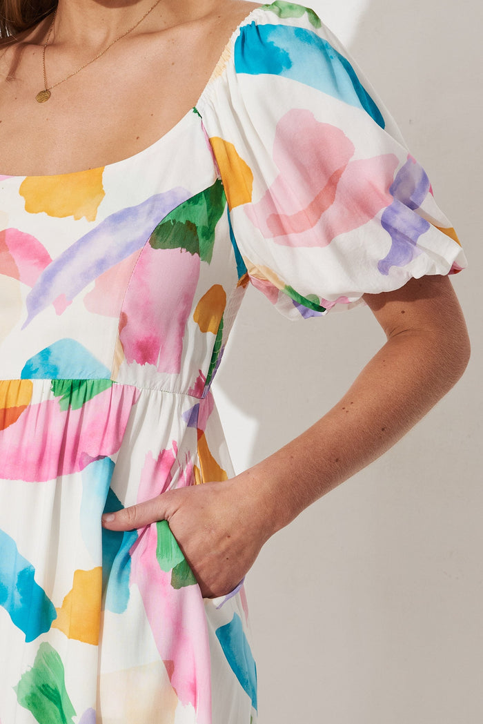 Anitya Dress In White With Multi Watercolour Print - detail