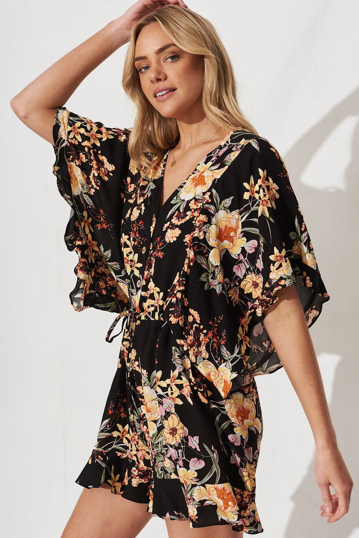 Shella Playsuit In Black With Cream Floral - side