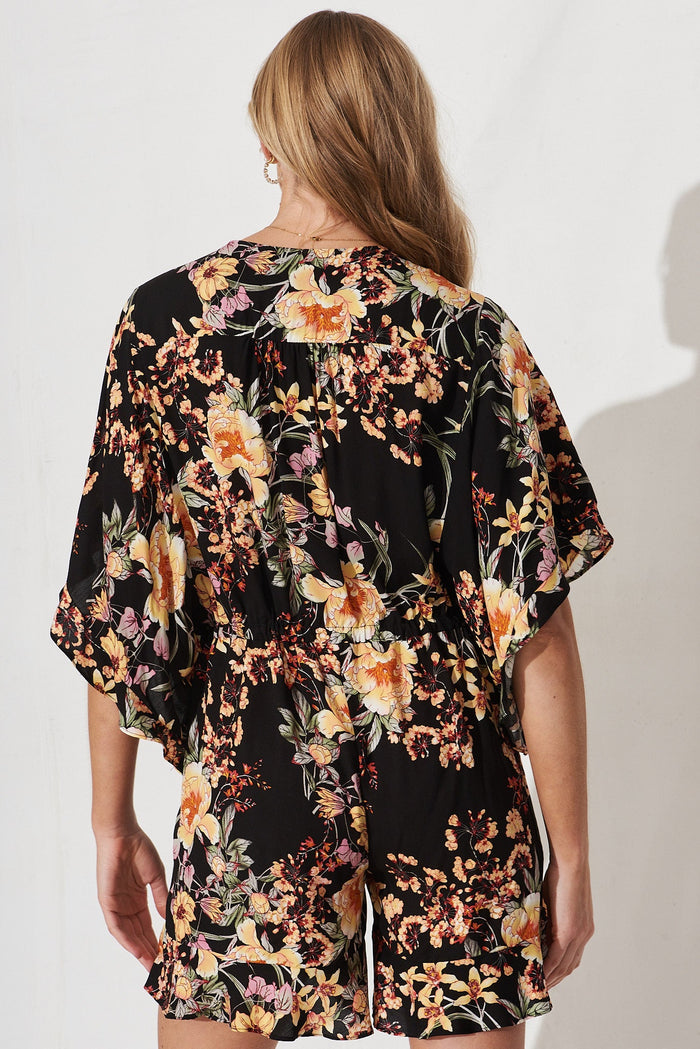 Shella Playsuit In Black With Cream Floral - back