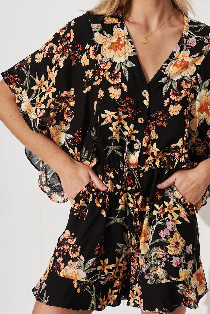 Shella Playsuit In Black With Cream Floral - detail