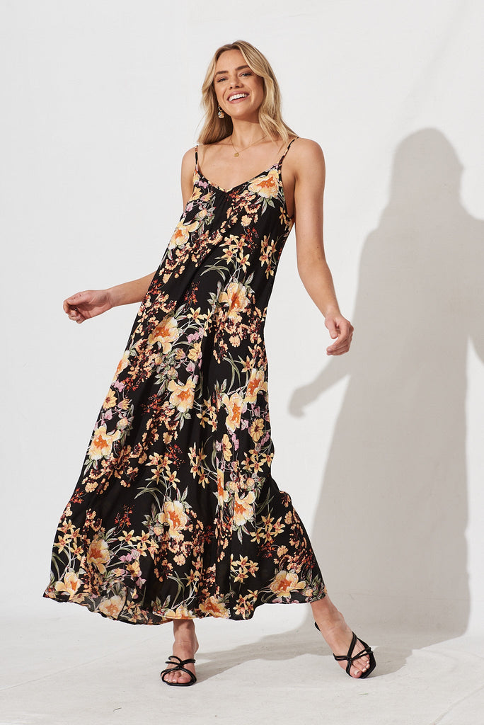 No Scrubs Maxi Dress In Black With Cream Floral - full length