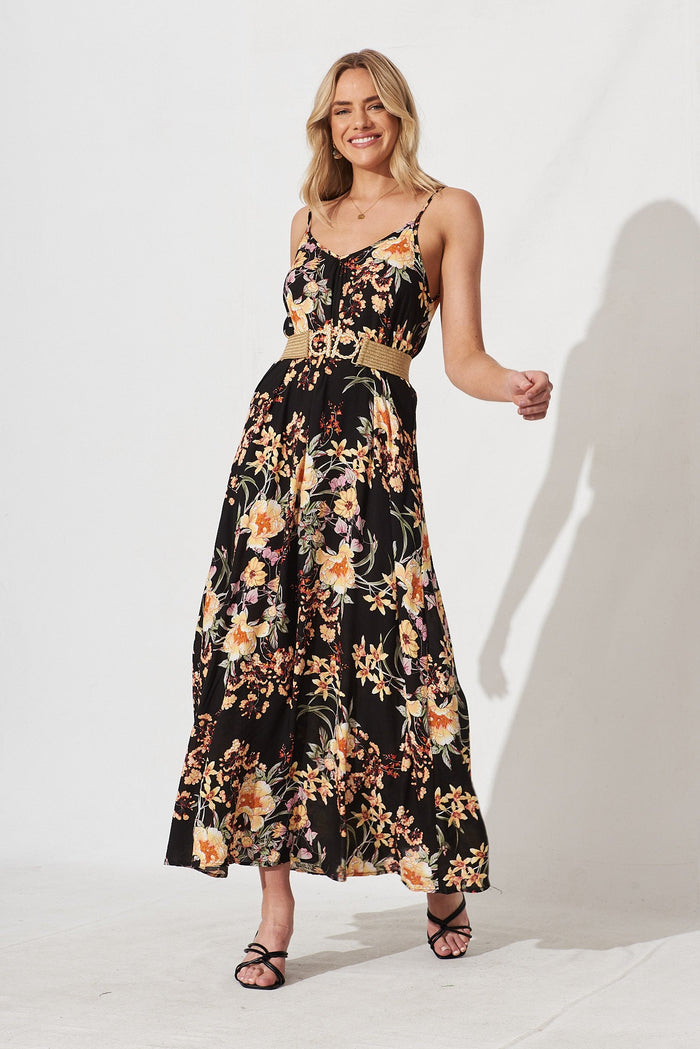 No Scrubs Maxi Dress In Black With Cream Floral - full length