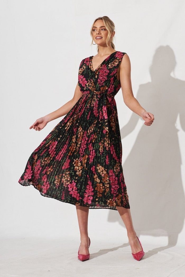 Cherla Midi Dress In Black With Pink Floral Chiffon - St Frock (Dev)