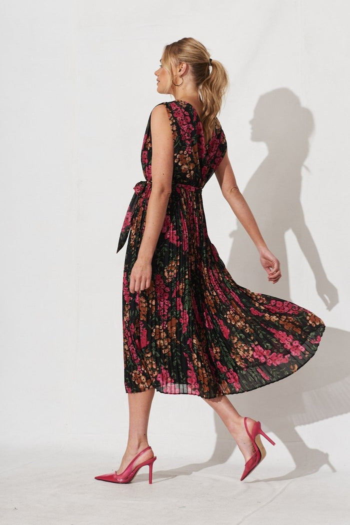 Cherla Midi Dress In Black With Pink Floral Chiffon - St Frock (Dev)