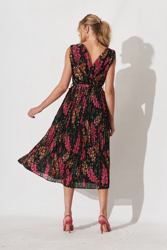 Cherla Midi Dress In Black With Pink Floral Chiffon - St Frock (Dev)