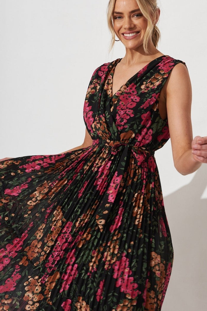 Cherla Midi Dress In Black With Pink Floral Chiffon - St Frock (Dev)