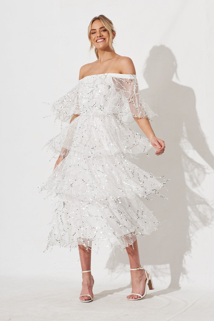 Cosmopolitan Sequin Dress In White With Silver - full length