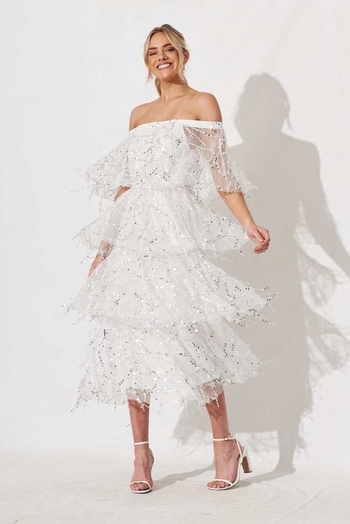 Cosmopolitan Sequin Dress In White With Silver - full length