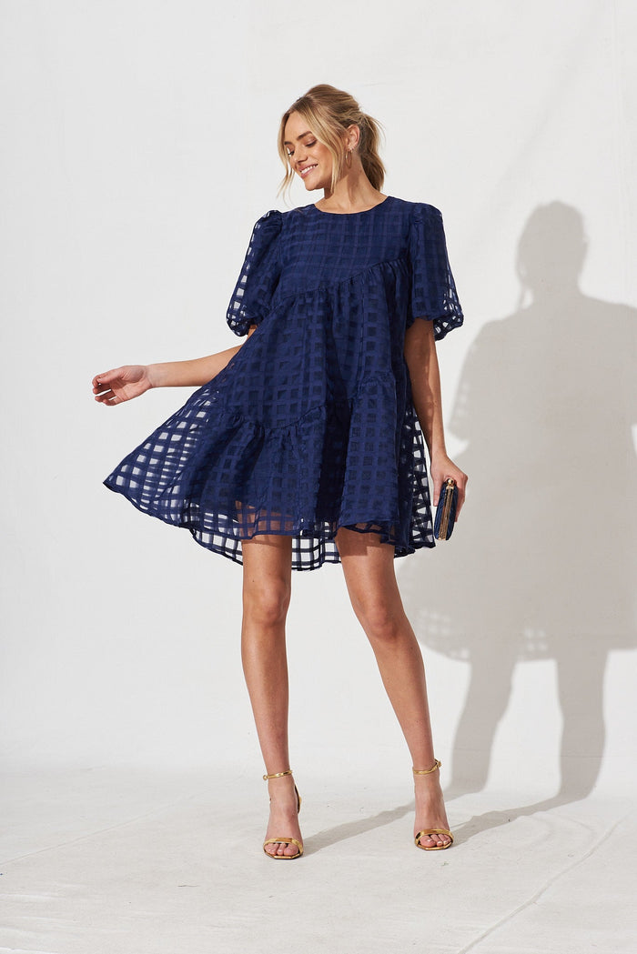 Galia Smock Dress In Navy Organza - full length