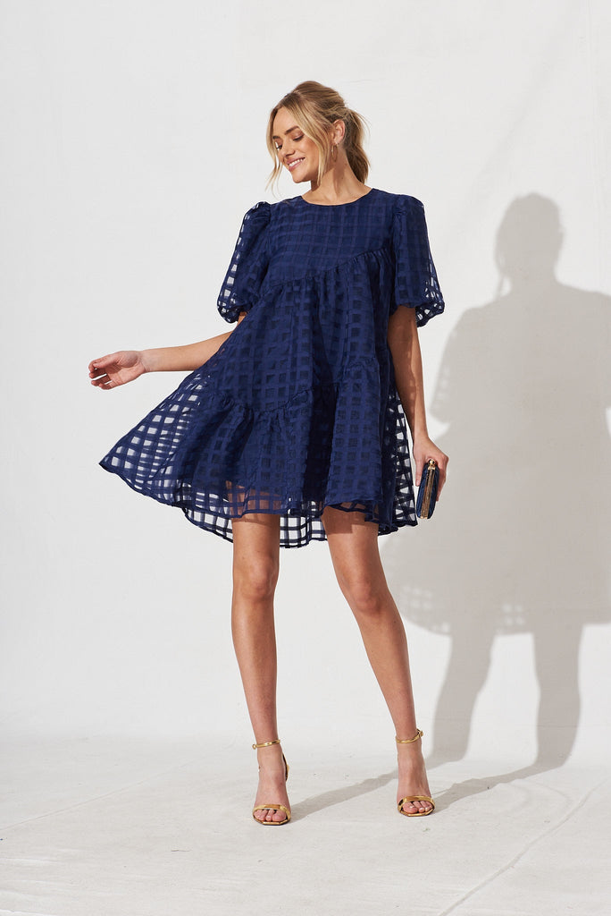 Galia Smock Dress In Navy Organza - full length