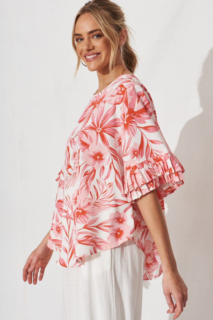 Picca Top In White With Pink Floral - side