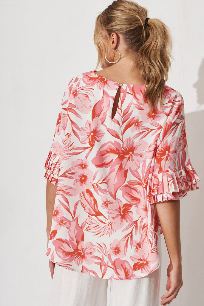Picca Top In White With Pink Floral - back