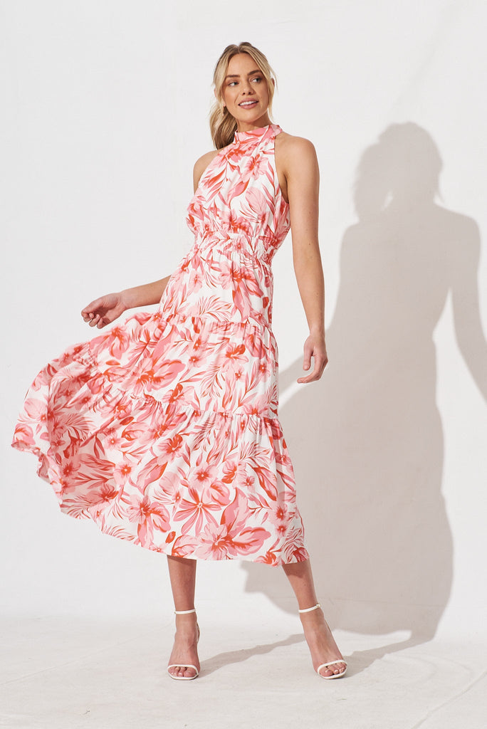 Arcadia Midi Dress In White With Pink Floral - St Frock (Dev)