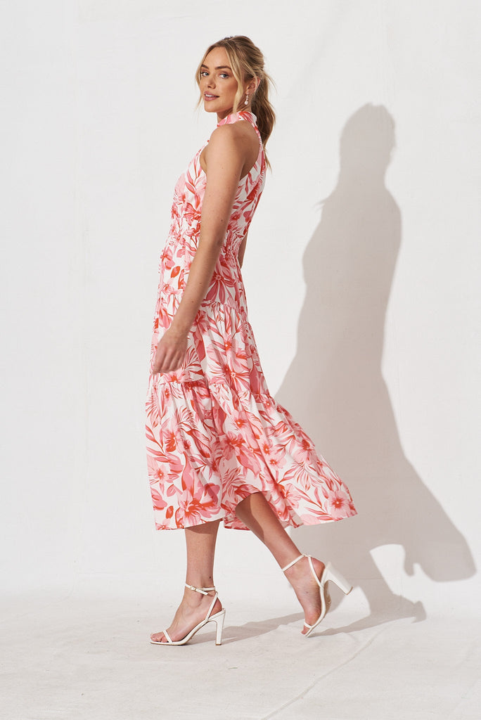 Arcadia Midi Dress In White With Pink Floral - St Frock (Dev)