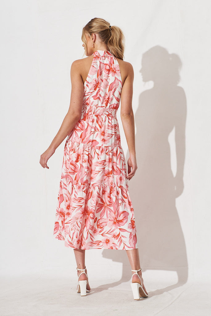 Arcadia Midi Dress In White With Pink Floral - St Frock (Dev)