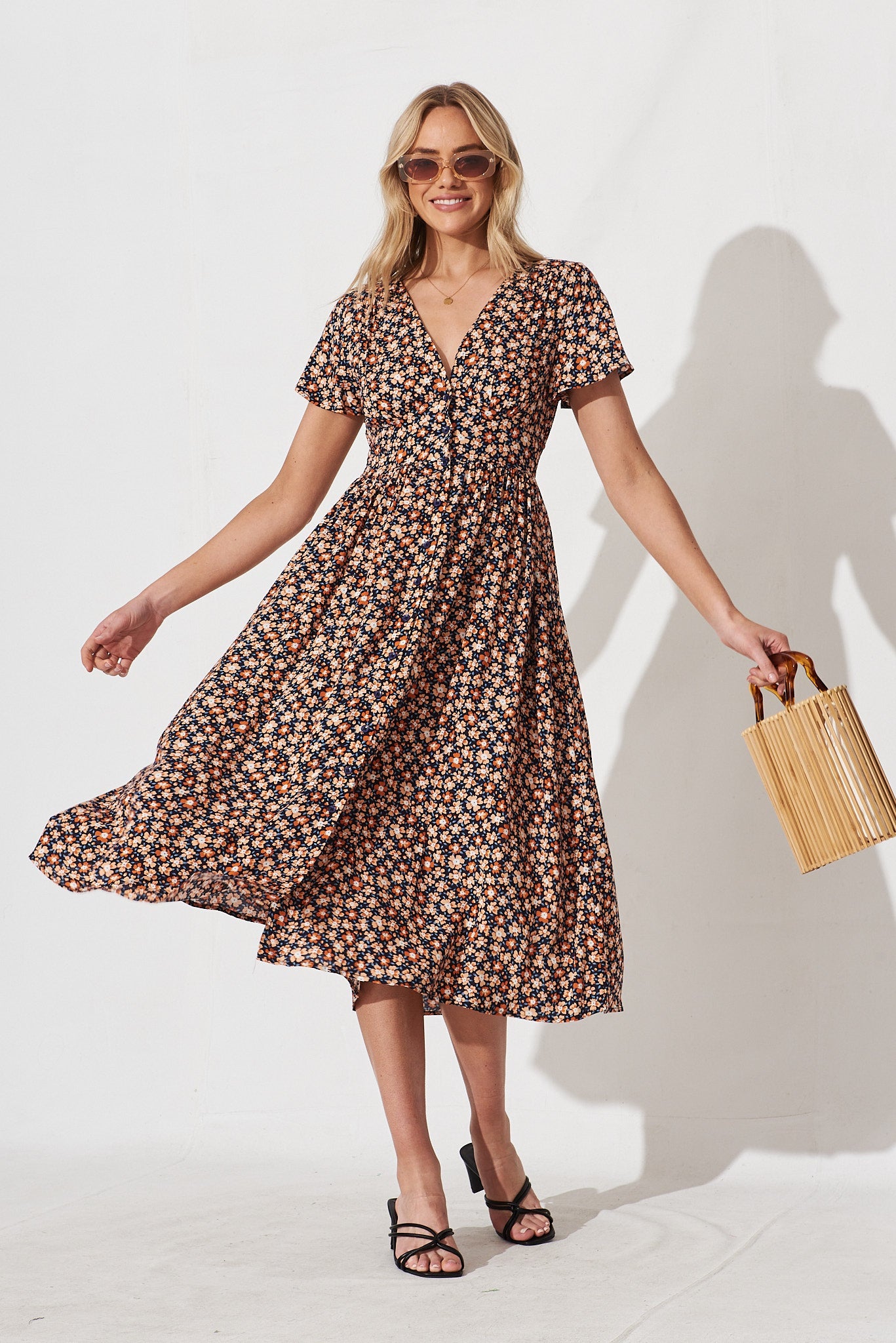 Nikke Midi Dress In Navy With Rust Ditsy Floral Floral - full length
