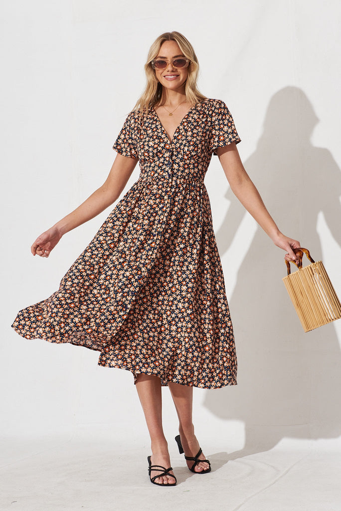 Nikke Midi Dress In Navy With Rust Ditsy Floral Floral - full length