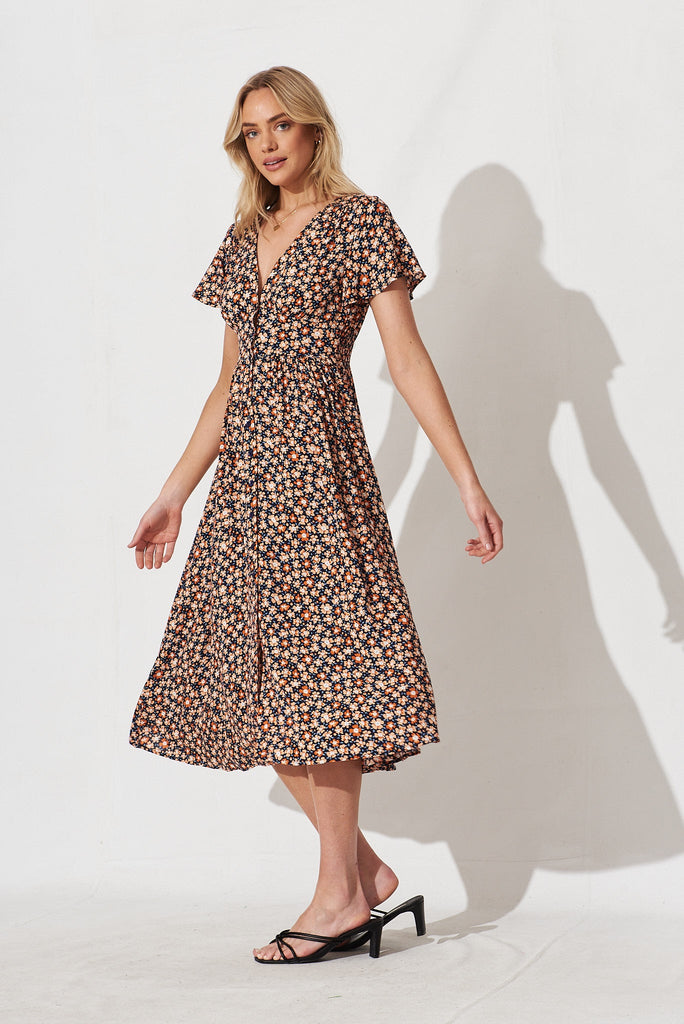 Nikke Midi Dress In Navy With Rust Ditsy Floral Floral - side