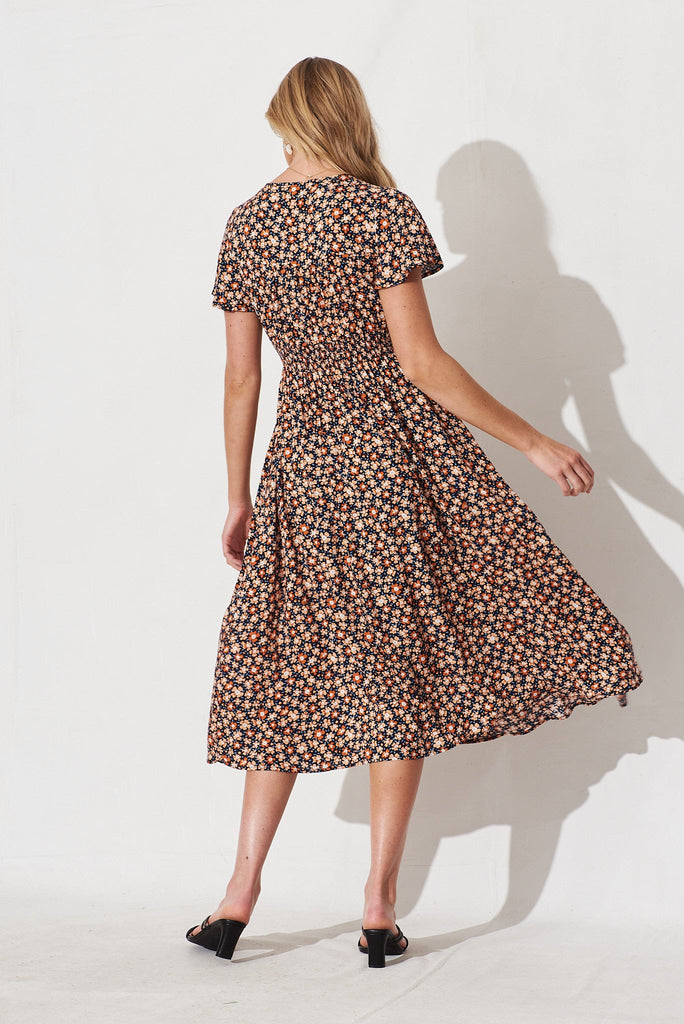 Nikke Midi Dress In Navy With Rust Ditsy Floral Floral - back