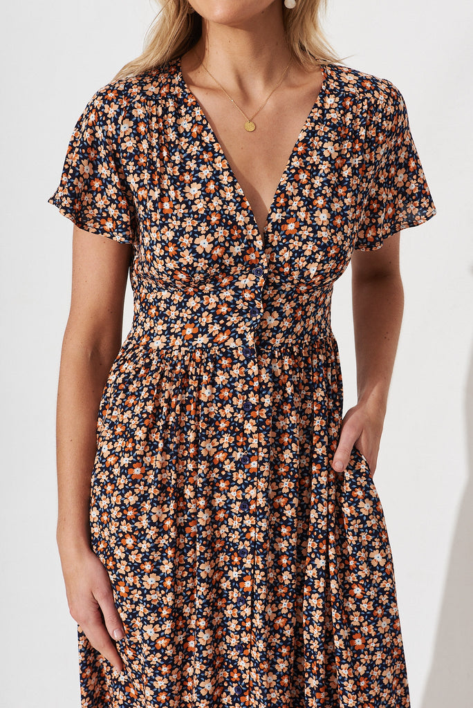 Nikke Midi Dress In Navy With Rust Ditsy Floral Floral - detail
