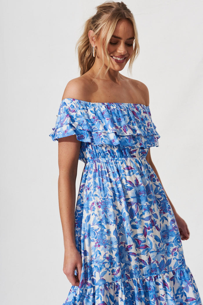 Joline Off Shoulder Midi Dress In White With Blue Purple Floral - front
