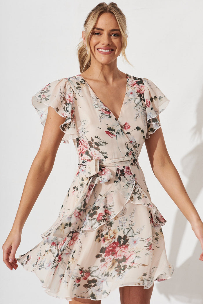 Hillside Dress In Cream With Blush Floral Chiffon - front
