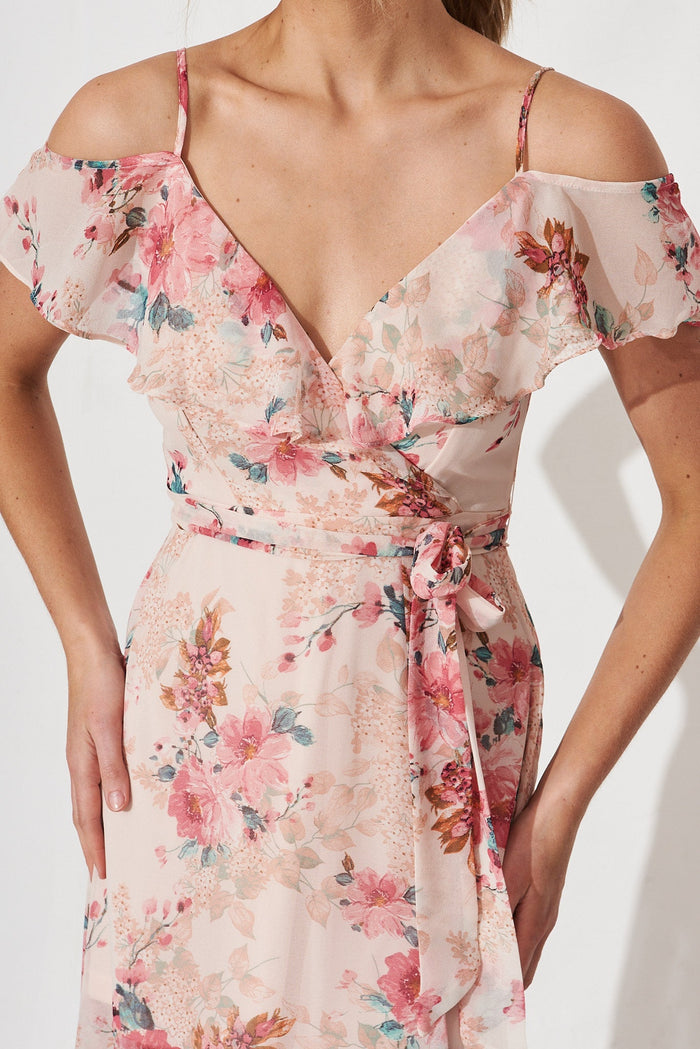 Marit Maxi Dress In White With Pink Floral Chiffon - detail