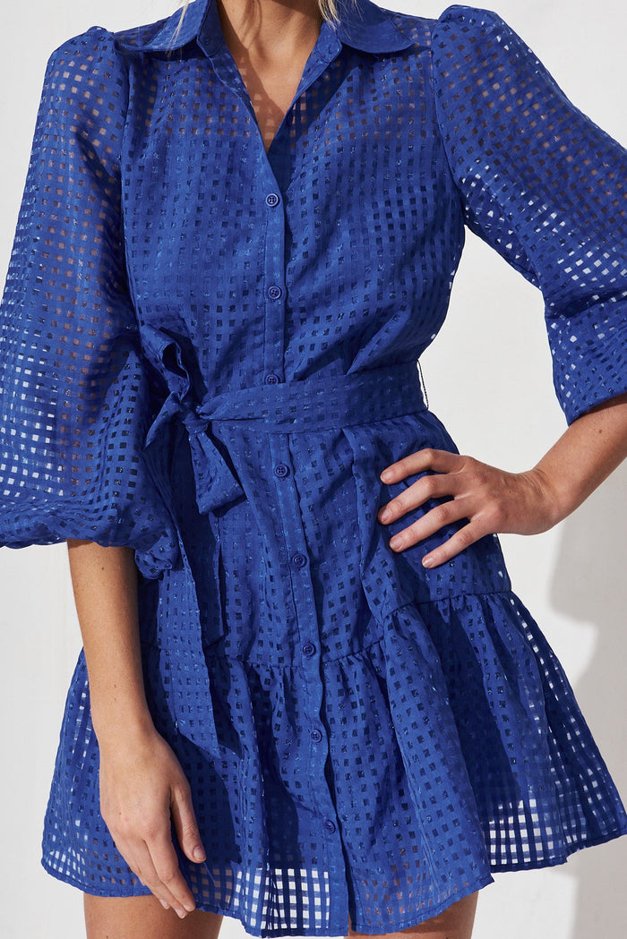 Giulia Shirt Dress In Cobalt Blue Organza - detail