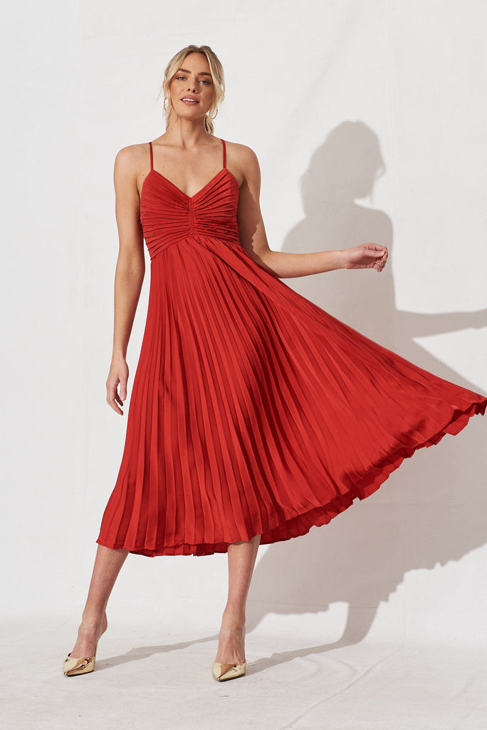 Flirta Pleated Midi Dress In Wine Satin - full length