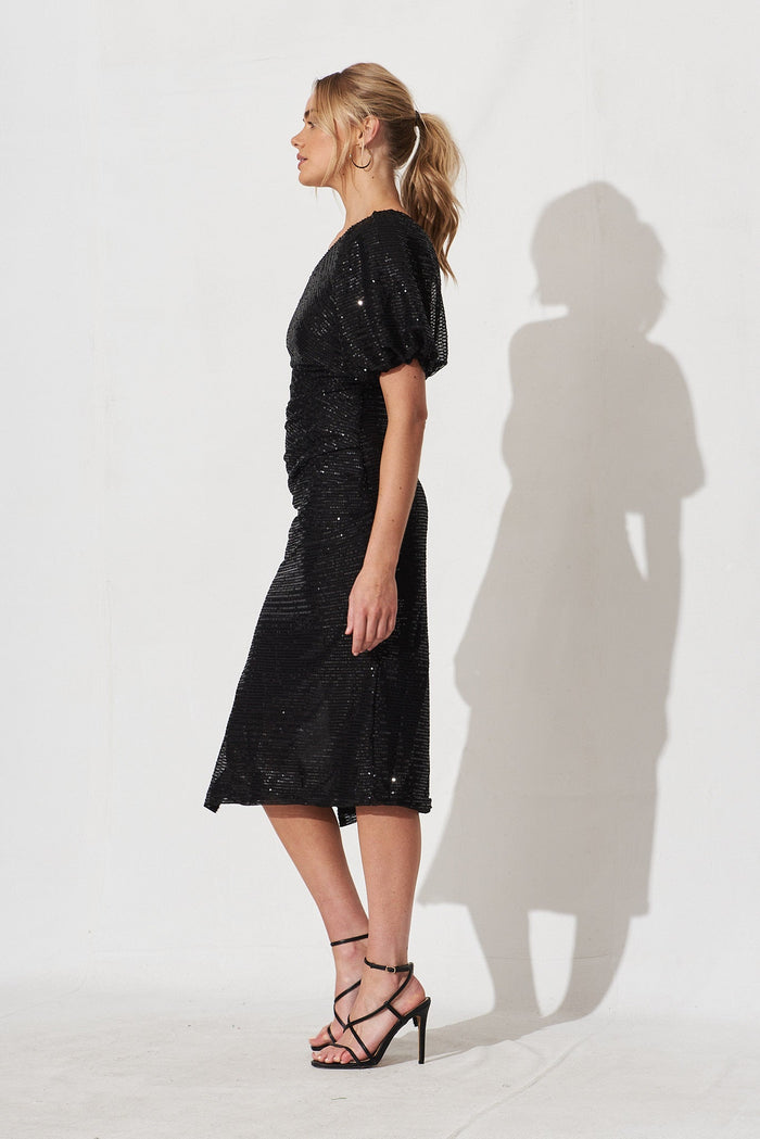 Frosted Midi Dress In Black Sequin - left side