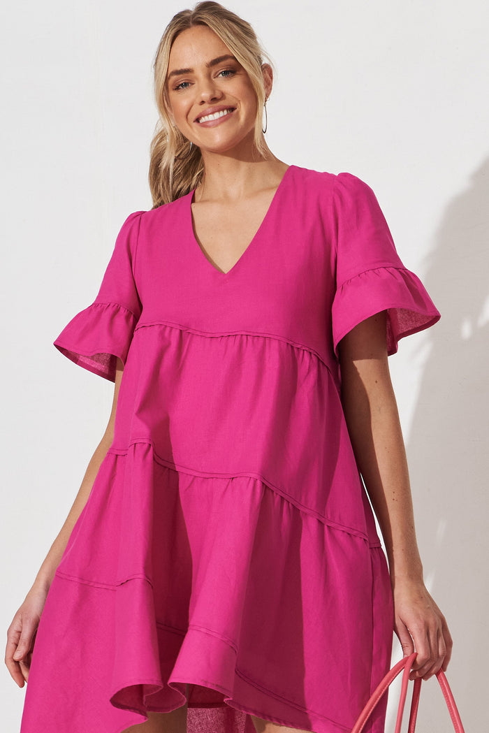 Jazzy Smock Dress In Hot Pink Cotton - front