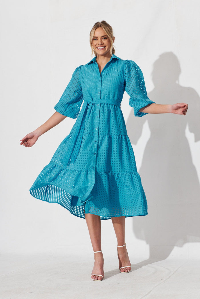 Gigi Midi Shirt Dress In Blue Organza - full length
