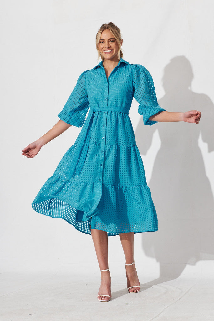 Gigi Midi Shirt Dress In Blue Organza - full length