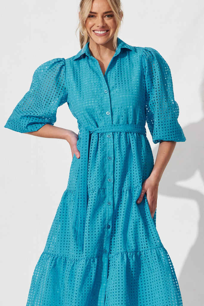 Gigi Midi Shirt Dress In Blue Organza - front