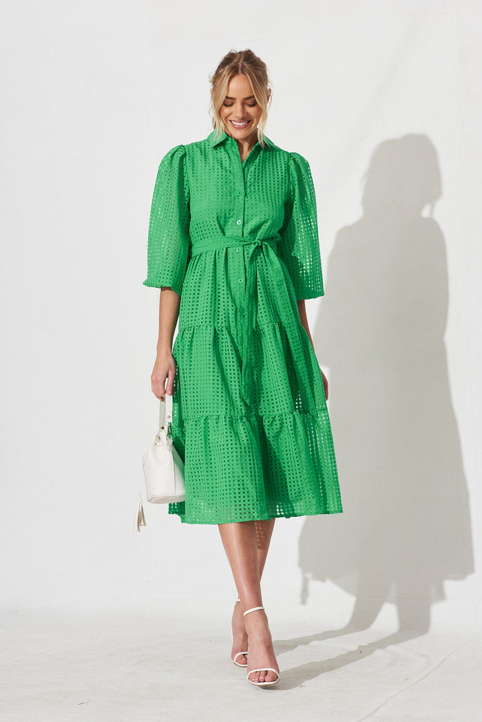 Gigi Midi Shirt Dress In Green Organza - full length