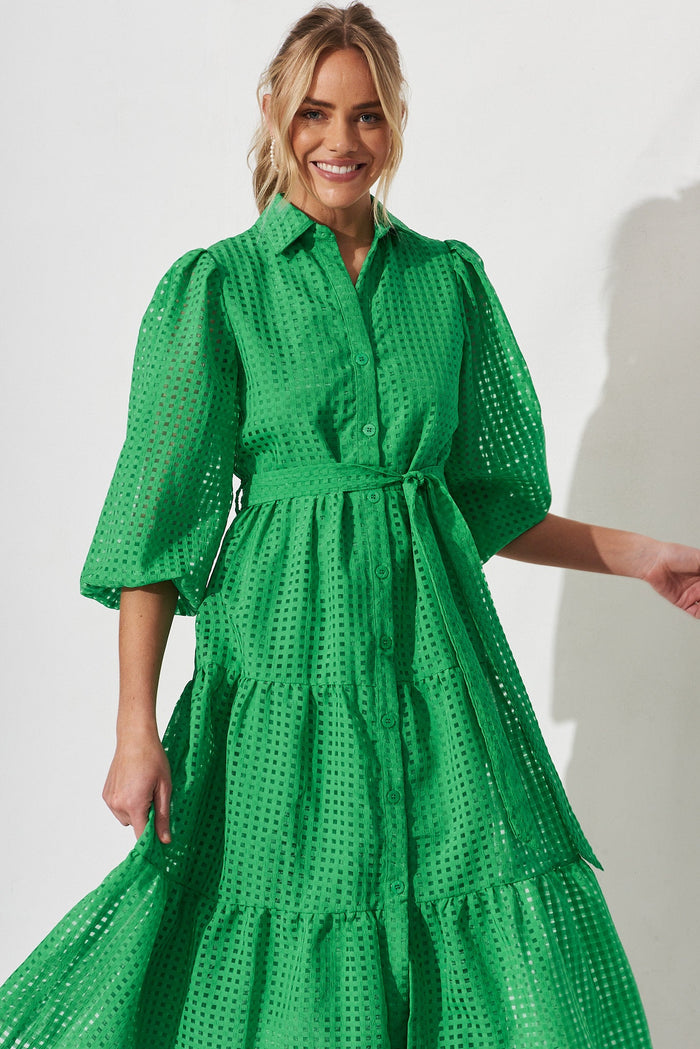 Gigi Midi Shirt Dress In Green Organza - front
