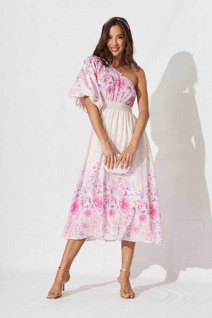 Denali Midi Dress In Pink With Blush Floral - full length
