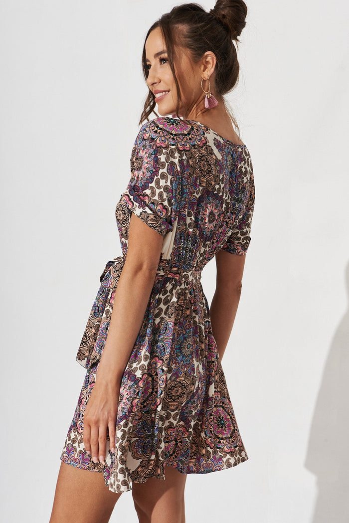 Lottie Dress In Cream With Purple Paisley - side