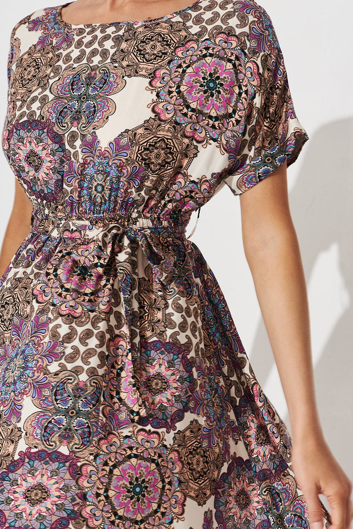 Lottie Dress In Cream With Purple Paisley - detail