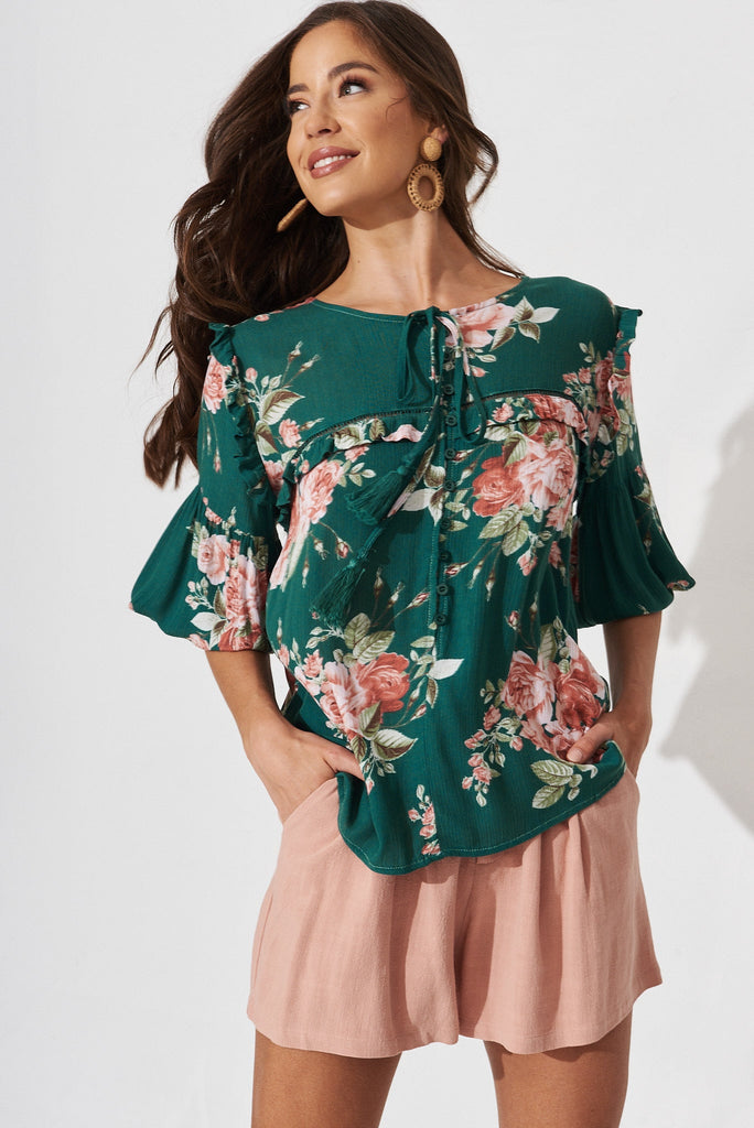 Yelena Top In Teal And Coral Floral - front