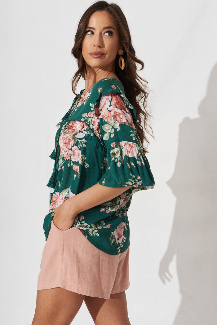 Yelena Top In Teal And Coral Floral - side