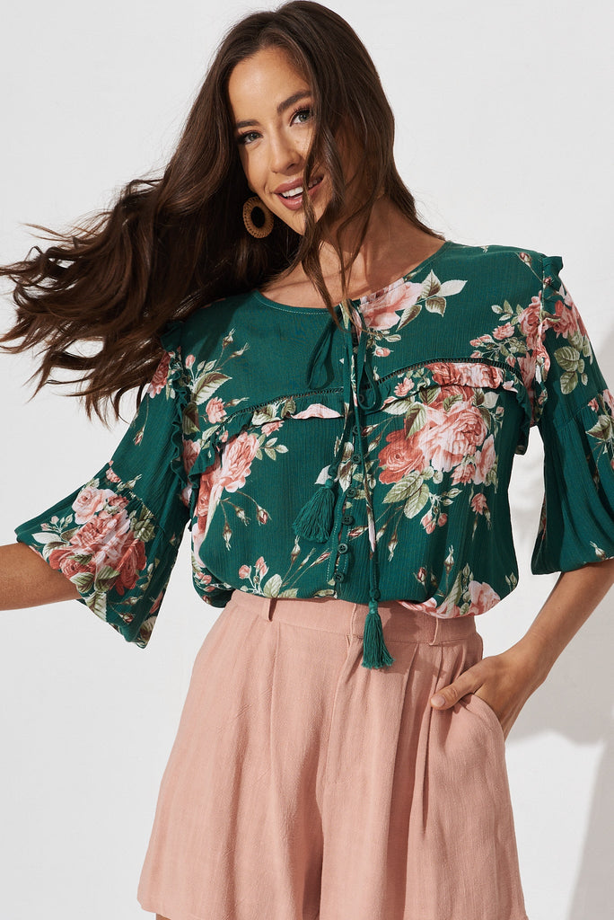 Yelena Top In Teal And Coral Floral - front