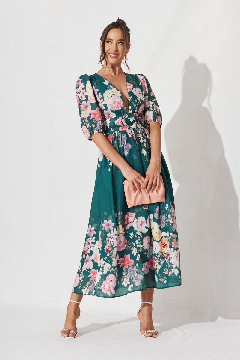 Camille Maxi Dress In Teal With Orange Floral - St Frock (Dev)
