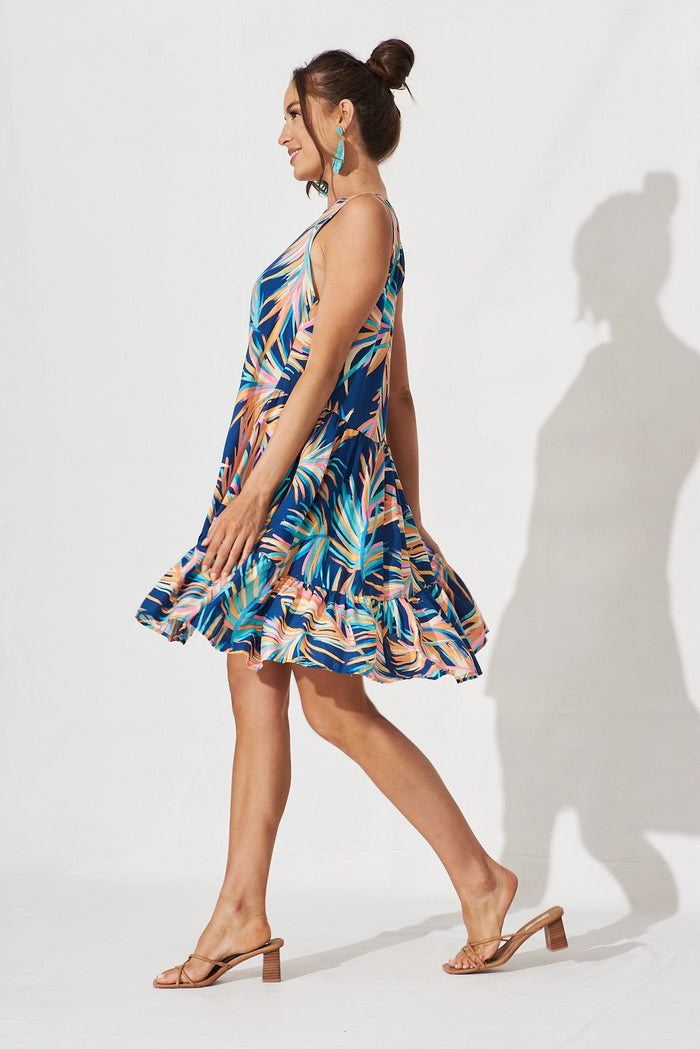 Sparrow Shift Dress In Navy With Multi Feather Print - side