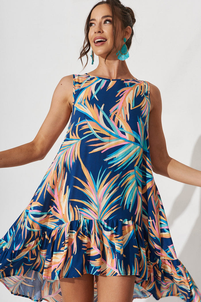 Sparrow Shift Dress In Navy With Multi Feather Print - front