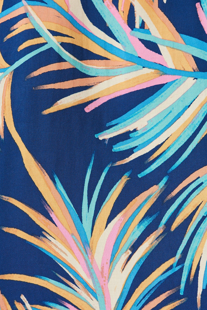 Sparrow Shift Dress In Navy With Multi Feather Print - fabric